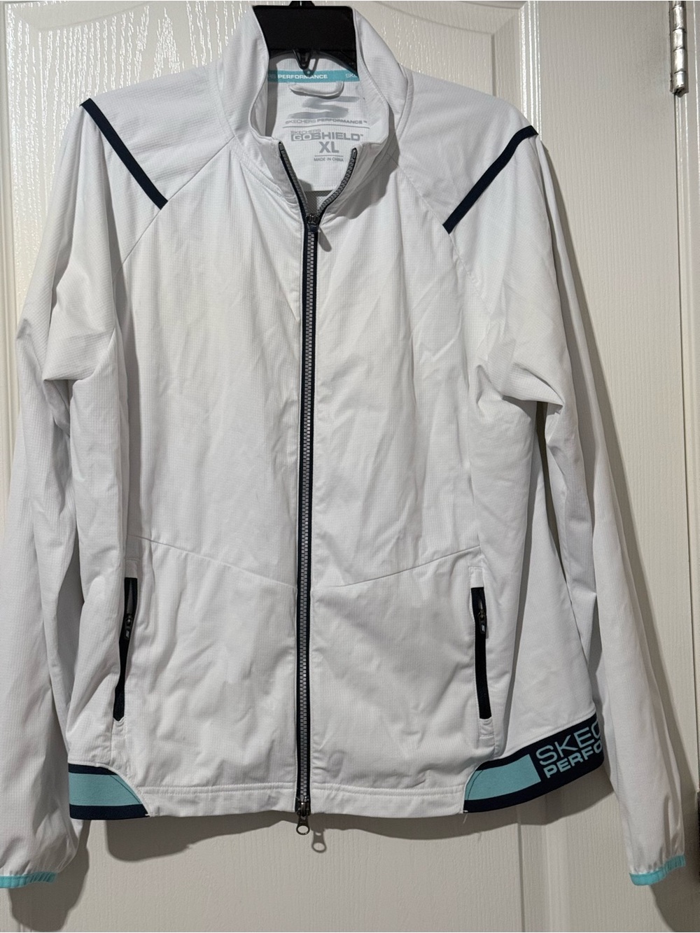 Skechers White Full-Zip Performance Jacket with Navy & Mint Accents